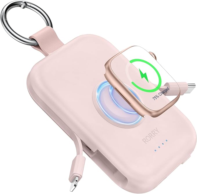 RORRY Portable Charger, 5000mAh Portable Charger Power Bank with Built-in Cables, Travel Keychain Battery Pack for Apple Watch Ultra/11/10/9/8/7/6/SE, iPhone Air/17/16/15/14/13/12, Purple