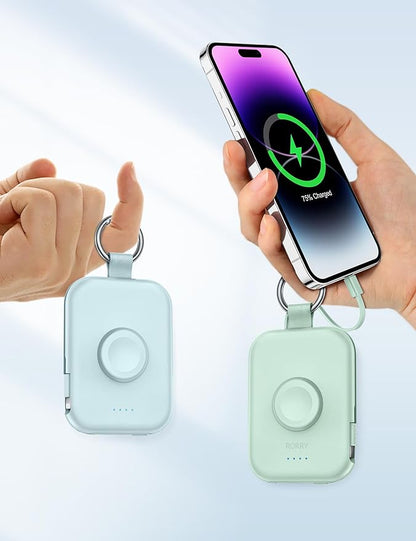 RORRY Portable Charger, 5000mAh Portable Charger Power Bank with Built-in Cables, Travel Keychain Battery Pack for Apple Watch Ultra/11/10/9/8/7/6/SE, iPhone Air/17/16/15/14/13/12, Purple