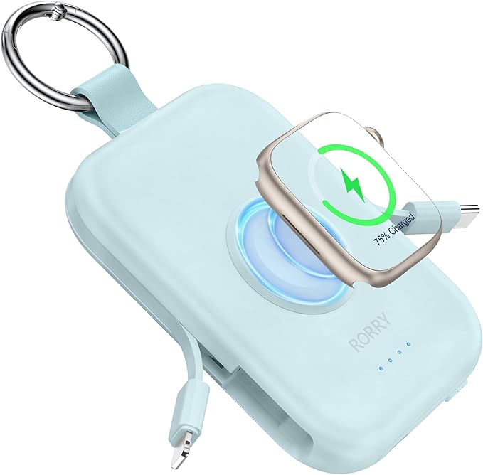 RORRY Portable Charger, 5000mAh Portable Charger Power Bank with Built-in Cables, Travel Keychain Battery Pack for Apple Watch Ultra/11/10/9/8/7/6/SE, iPhone Air/17/16/15/14/13/12, Purple