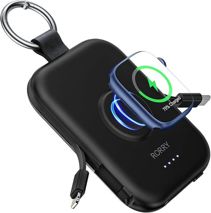 RORRY Portable Charger, 5000mAh Portable Charger Power Bank with Built-in Cables, Travel Keychain Battery Pack for Apple Watch Ultra/11/10/9/8/7/6/SE, iPhone Air/17/16/15/14/13/12, Purple