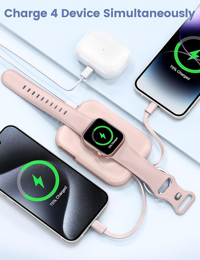 RORRY Portable Charger, 5000mAh Portable Charger Power Bank with Built-in Cables, Travel Keychain Battery Pack for Apple Watch Ultra/11/10/9/8/7/6/SE, iPhone Air/17/16/15/14/13/12, Purple