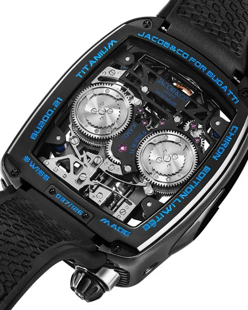 Jacob & Co. Bugatti Chiron Tourbillon علبة من التيتانيوم الأسود DLC | تحفة مستوحاة من عالم الهايبركار بأقصى درجات الفخامة والدقة**