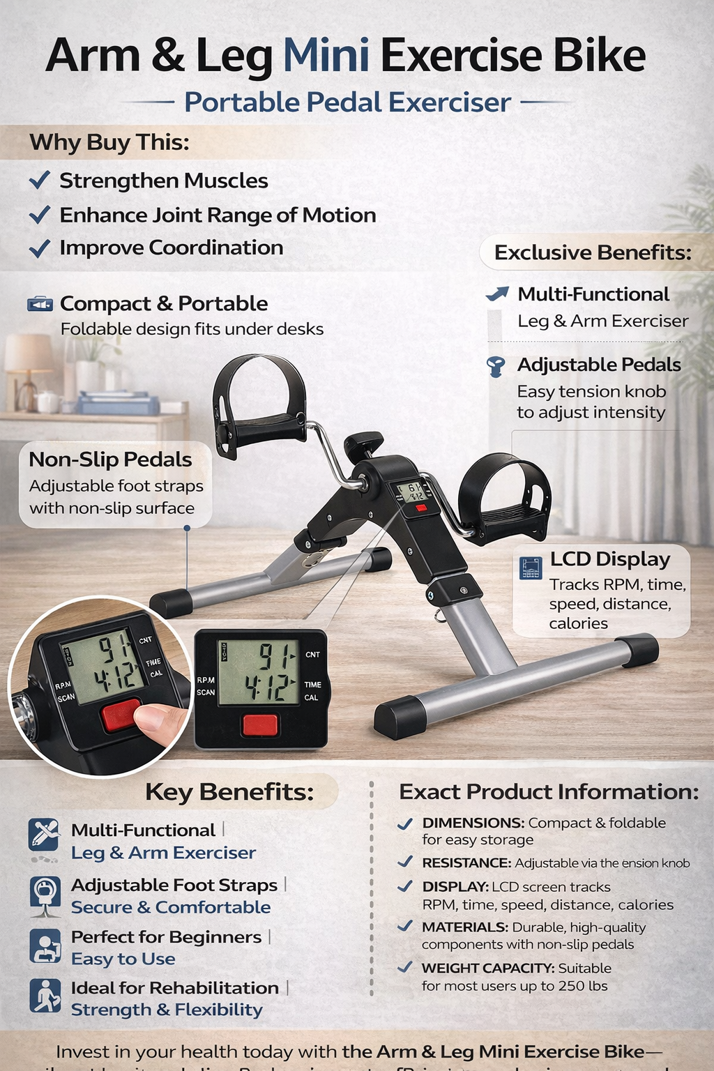 Arm & Leg Mini Exercise Bike – Portable Pedal Exerciser