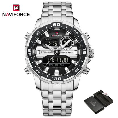 ساعة NAVIFORCE NF9234 الأصلية التناظرية الرقمية الرياضية كوارتز للرجال، ساعة منبه من الفولاذ المقاوم للصدأ مضيئة ومضادة للماء