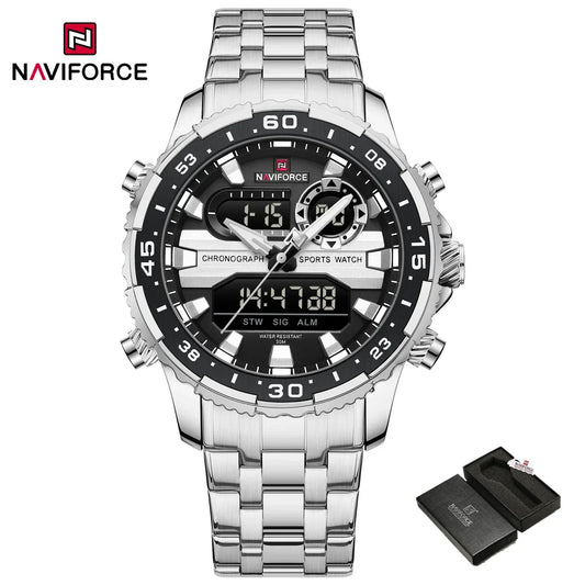 ساعة NAVIFORCE NF9234 الأصلية التناظرية الرقمية الرياضية كوارتز للرجال، ساعة منبه من الفولاذ المقاوم للصدأ مضيئة ومضادة للماء
