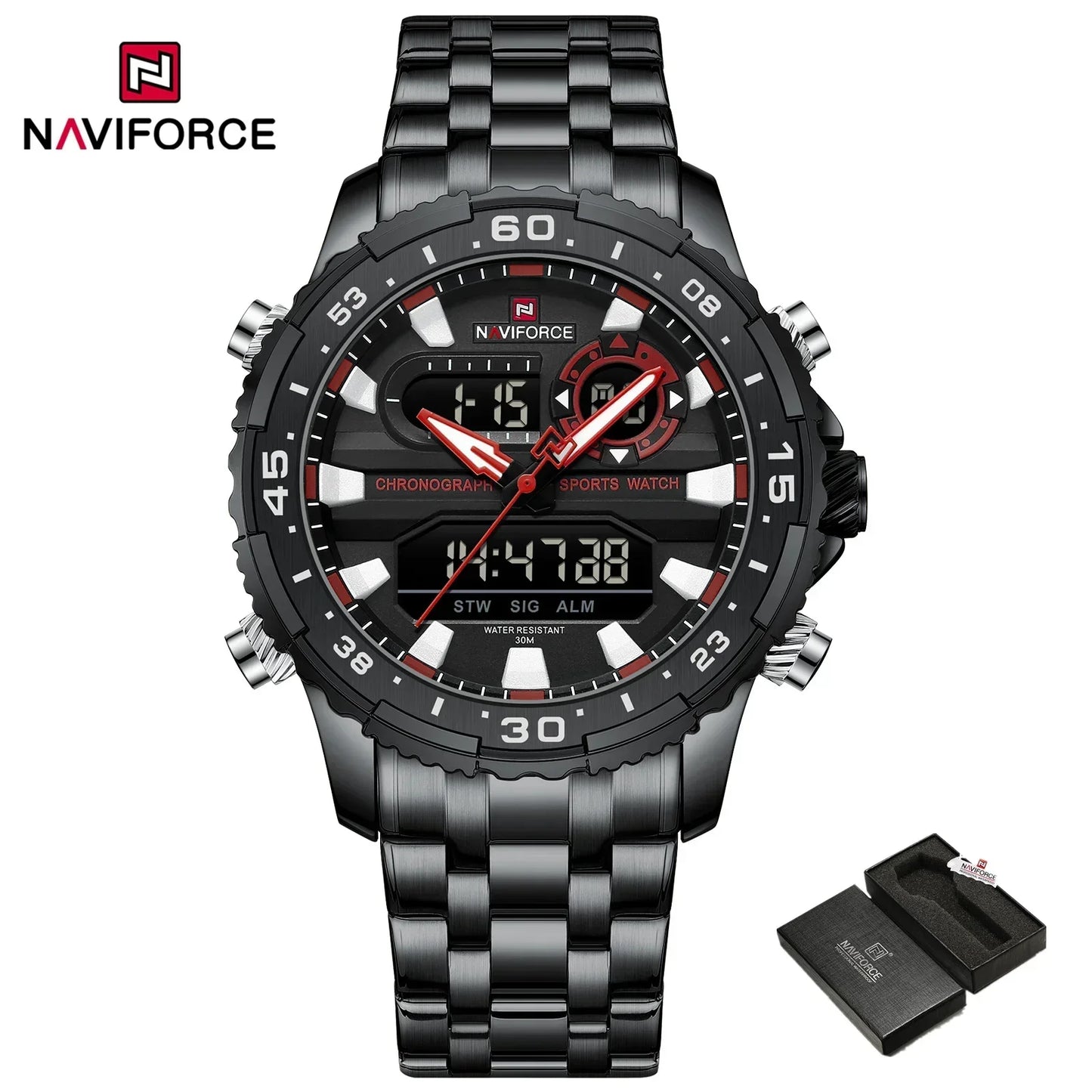 ساعة NAVIFORCE NF9234 الأصلية التناظرية الرقمية الرياضية كوارتز للرجال، ساعة منبه من الفولاذ المقاوم للصدأ مضيئة ومضادة للماء