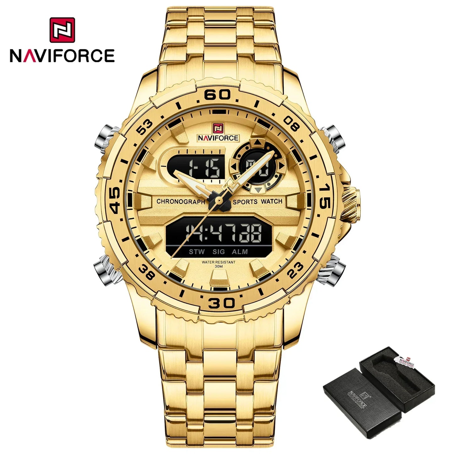 ساعة NAVIFORCE NF9234 الأصلية التناظرية الرقمية الرياضية كوارتز للرجال، ساعة منبه من الفولاذ المقاوم للصدأ مضيئة ومضادة للماء