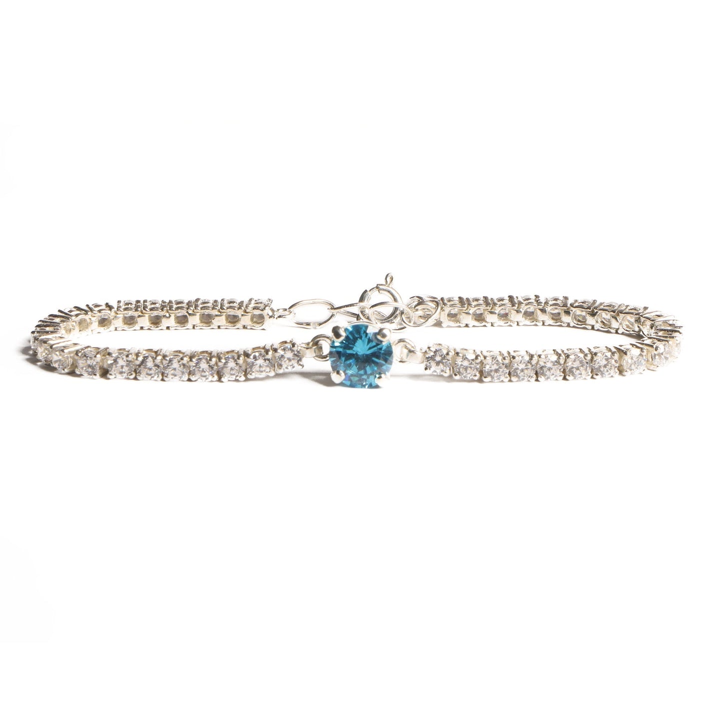 Elegant Silver Tennis Bracelet with Blue Crystal Centerpiece